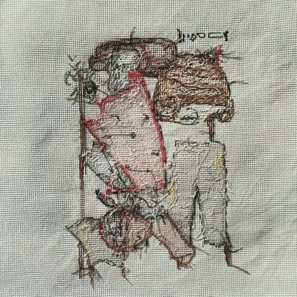 Finished Cross Stitch Signed Girl Hanging Laundry Completed 14" x 12" - Picture 4 of 4